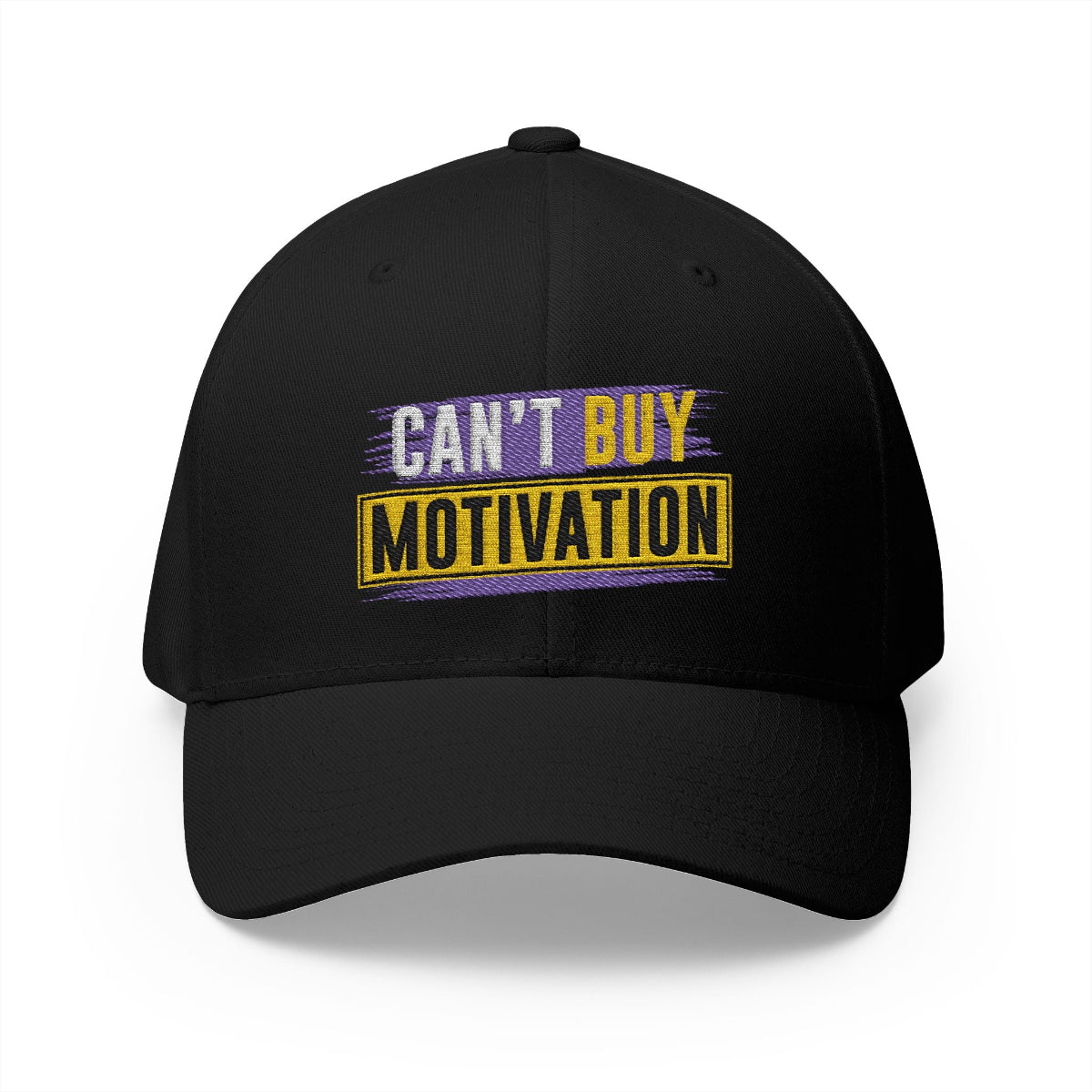 Can’t Buy Motivation fitted hat in black – front view from BGD