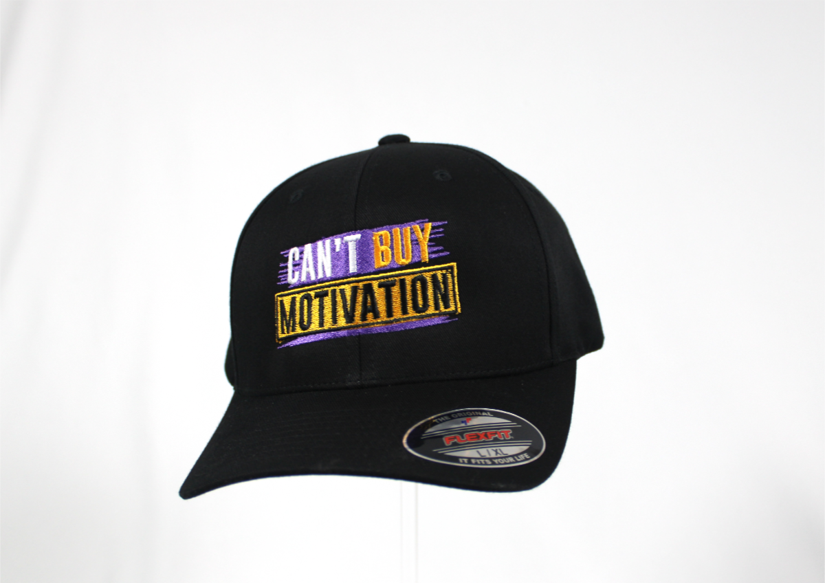 cant buy motivation Men's black fitted baseball cap Big Guy Drip front view