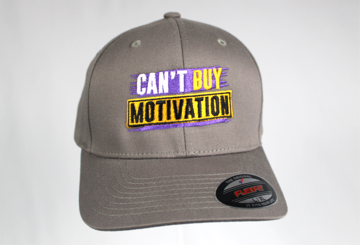 cant buy motivation Men's light gray fitted baseball cap Big Guy Drip front back view