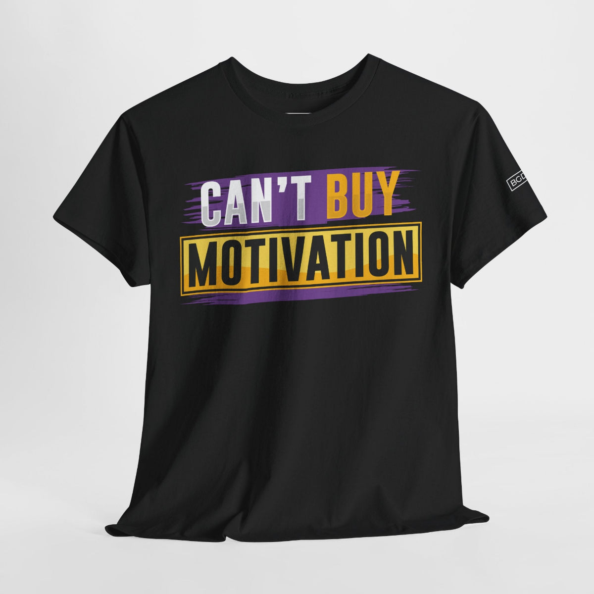 Third angle of black Can't Buy Motivation shirt highlighting full chest graphic and casual fit