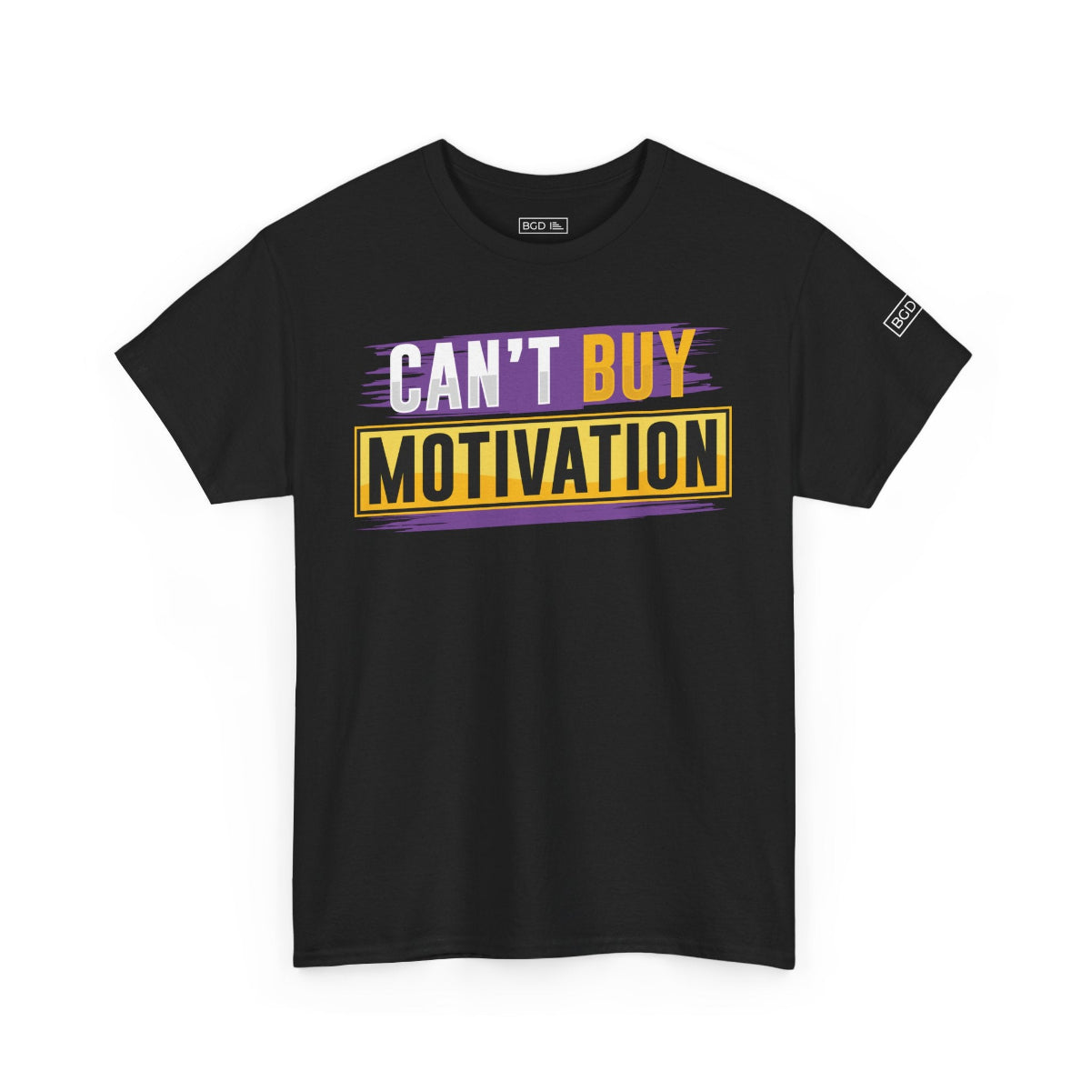 Alternative angle of black Can't Buy Motivation shirt showing relaxed fit and graphic print