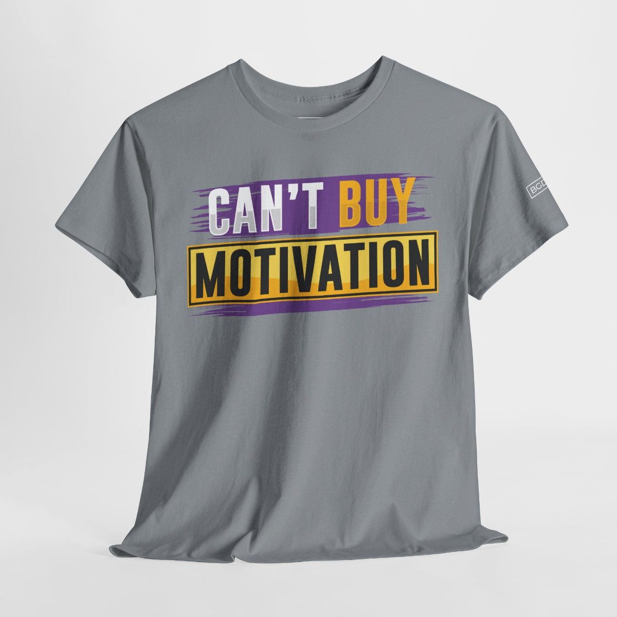 Third angle of gray Can't Buy Motivation tee with large graphic text visible