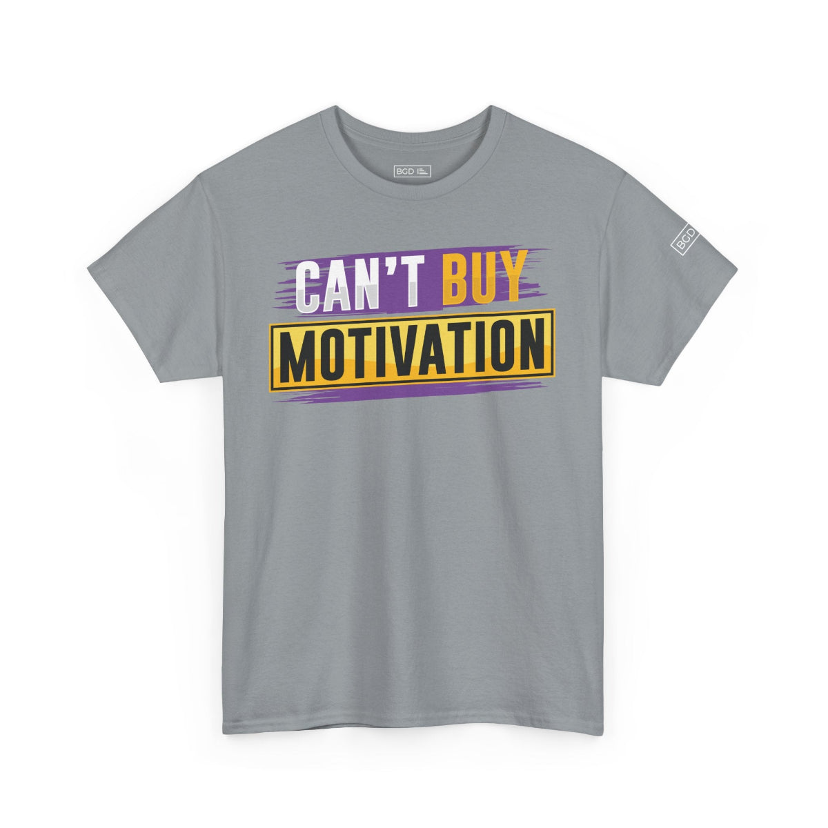 Side view of grey Can't Buy Motivation t-shirt showing fit and shoulder detail