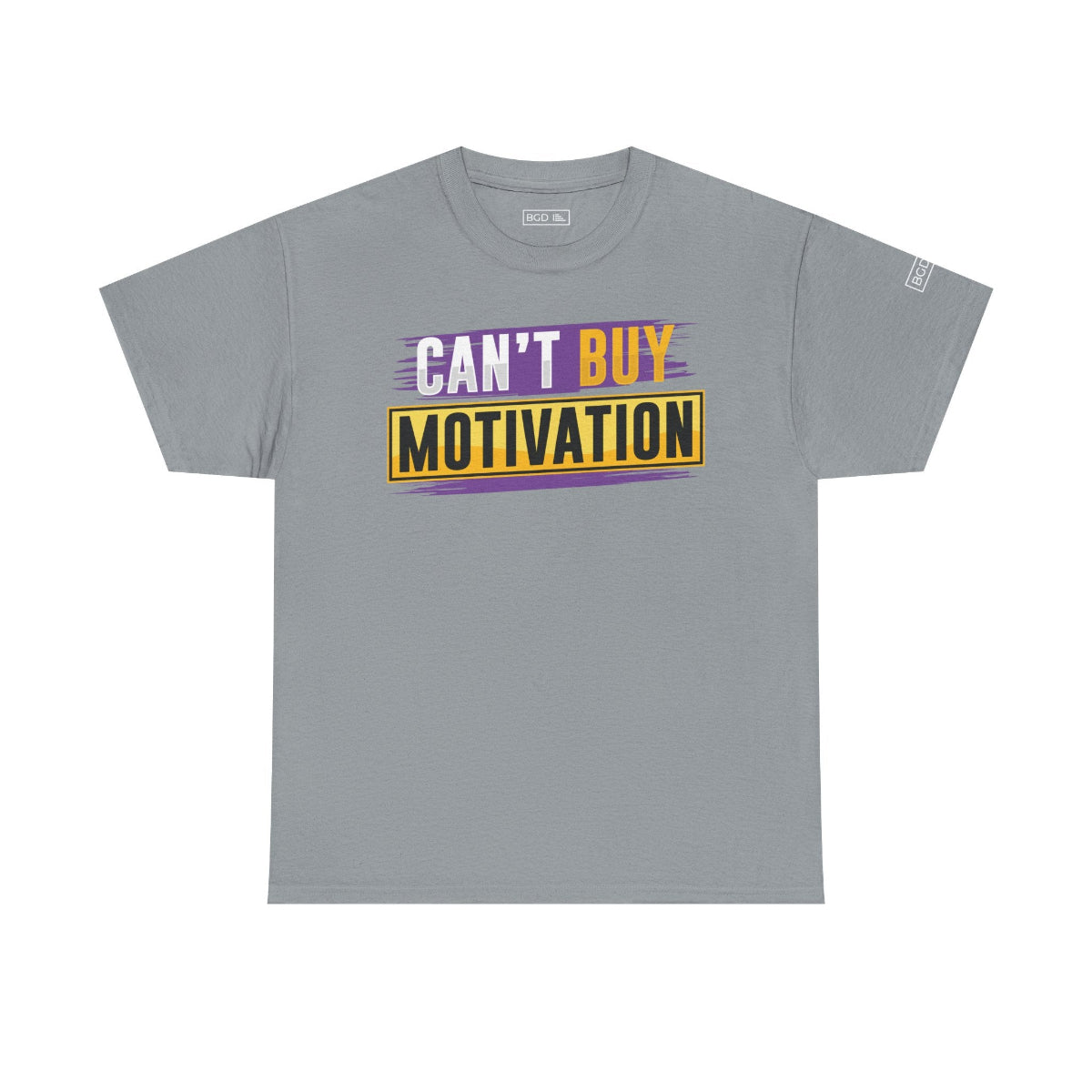 Front view of grey Can't Buy Motivation graphic t-shirt in big and tall sizes