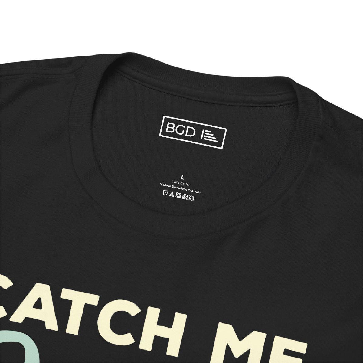 Close-up neck detail of black fishing graphic t-shirt