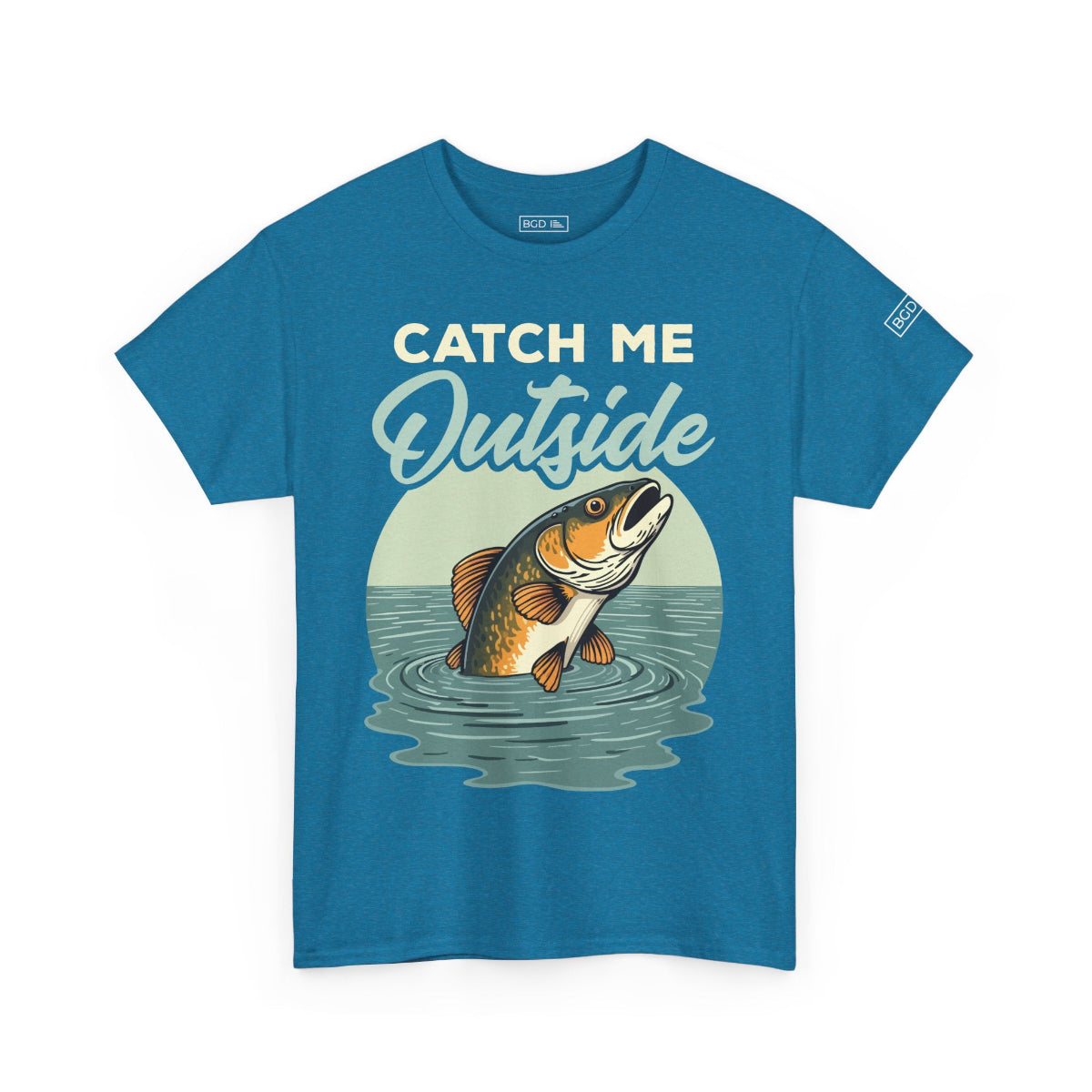 Front view of funny fishing tee in sapphire blue