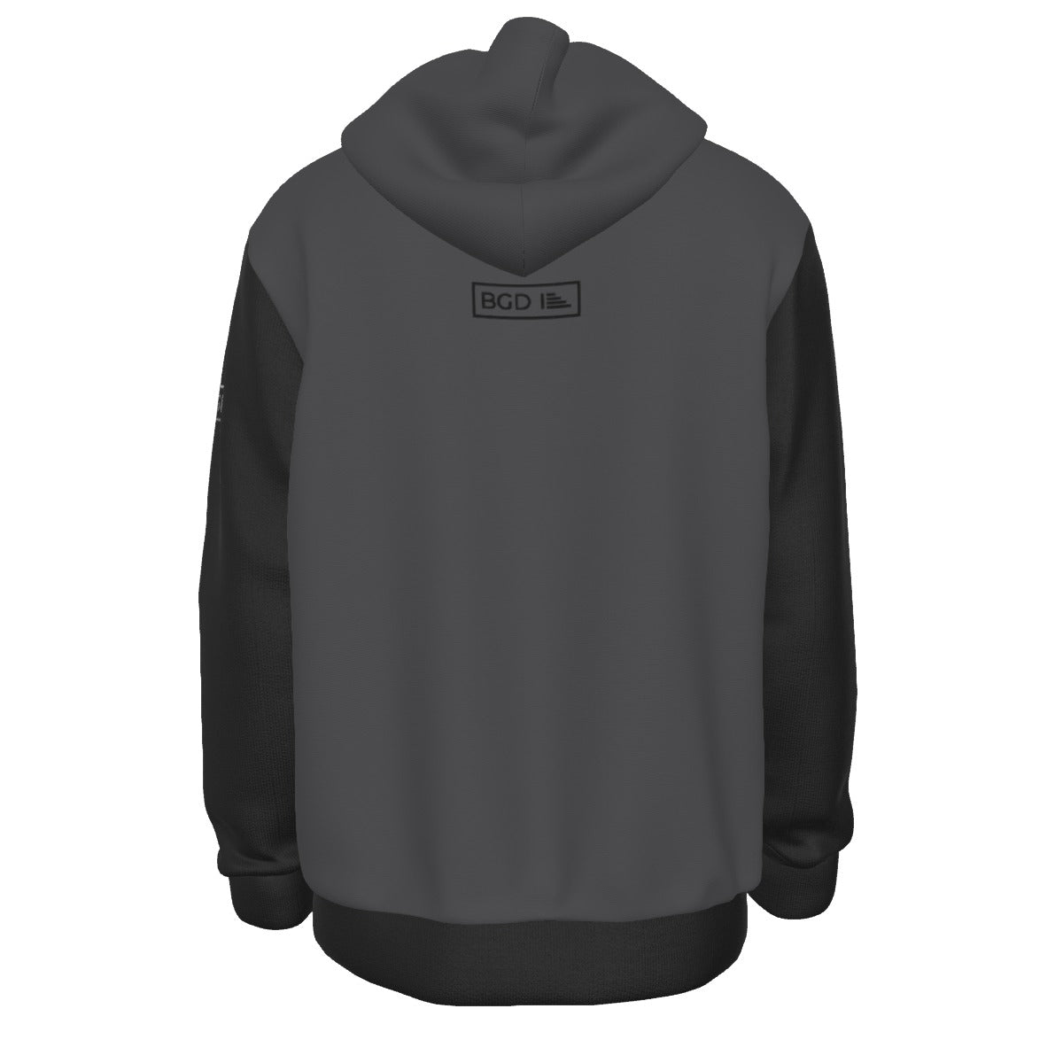 Back view of Trust the Process hoodie in black and gray polyester – BGD