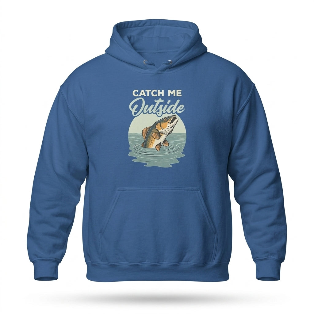 Catch Me Outside Funny Fishing Hoodie in royal blue with vintage fish graphic, straight front view — Big Guy Drip Apparel