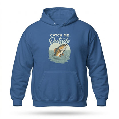Catch Me Outside Funny Fishing Hoodie in royal blue with vintage fish graphic, straight front view — Big Guy Drip Apparel