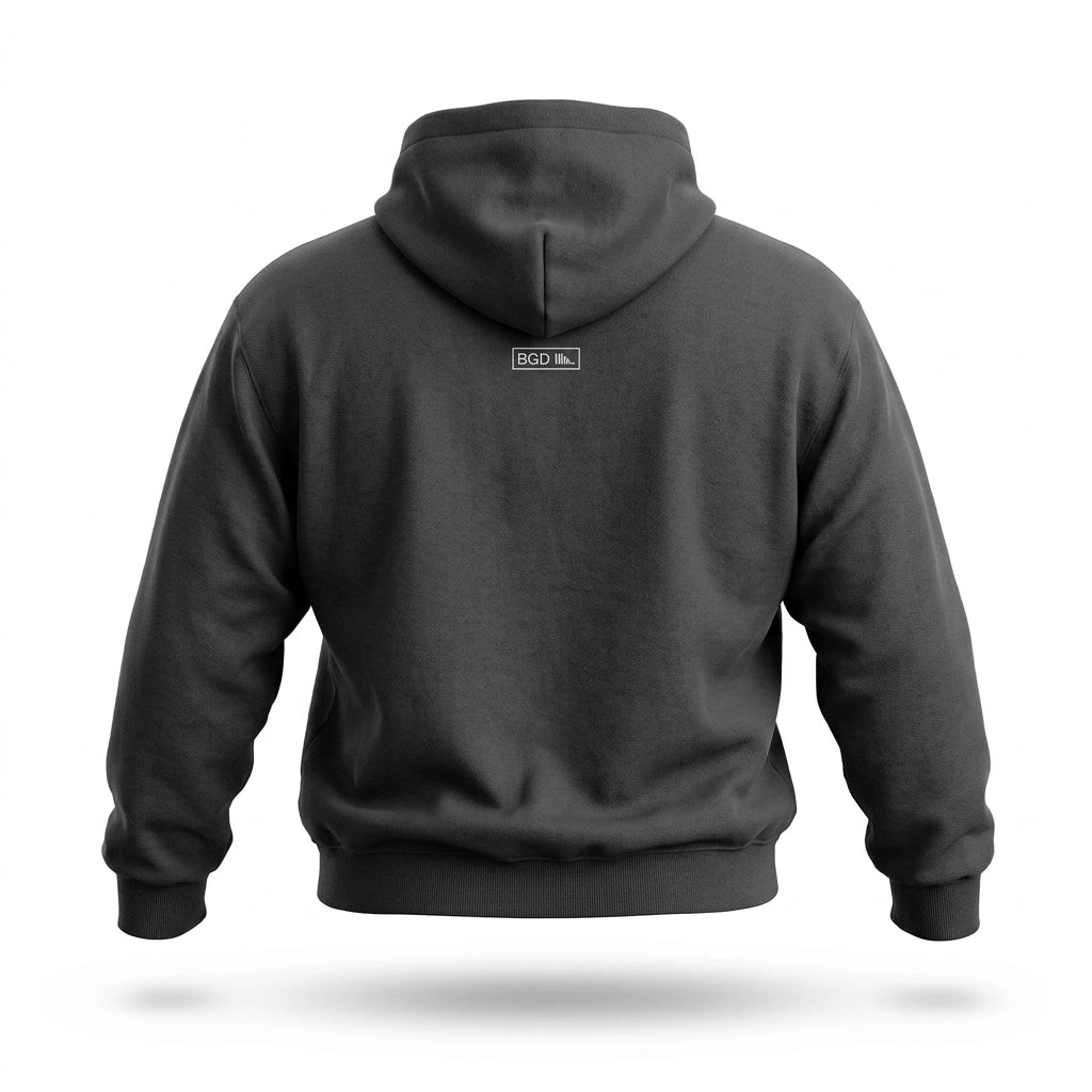 Back view of Catch Me Outside Funny Fishing Hoodie in charcoal black showing BGD logo tag