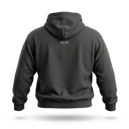Back view of Catch Me Outside Funny Fishing Hoodie in charcoal black showing BGD logo tag