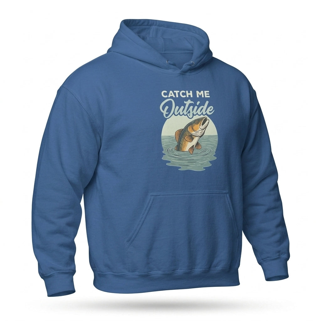 Catch Me Outside Funny Fishing Hoodie in royal blue with jumping fish graphic, angled front view