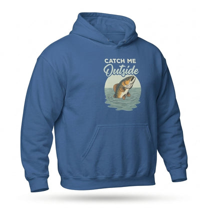 Catch Me Outside Funny Fishing Hoodie in royal blue with jumping fish graphic, angled front view