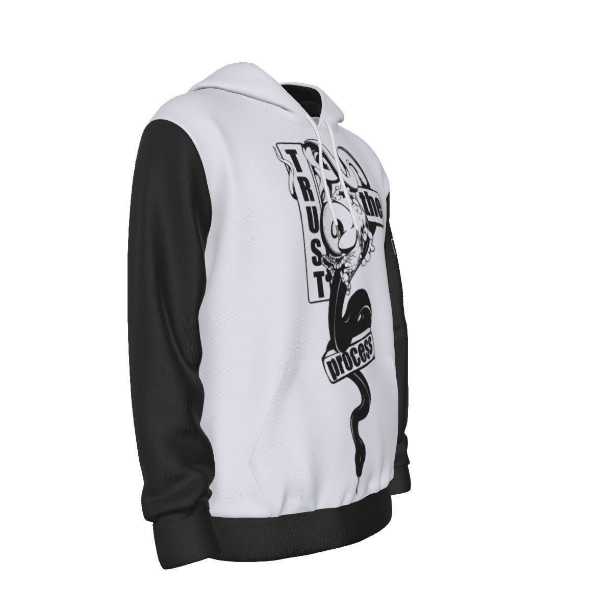 Side angle of the Trust the Process hoodie in black and white polyester – BGD