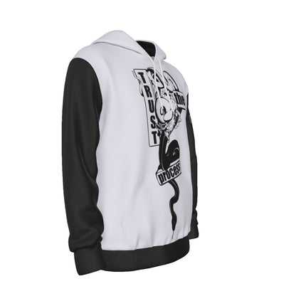 Side angle of the Trust the Process hoodie in black and white polyester – BGD