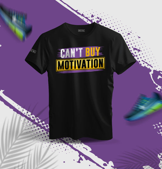 Front view of black Can't Buy Motivation t-shirt for men in big and tall sizes