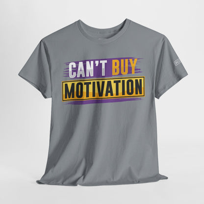 Third angle of gray Can't Buy Motivation tee with large graphic text visible