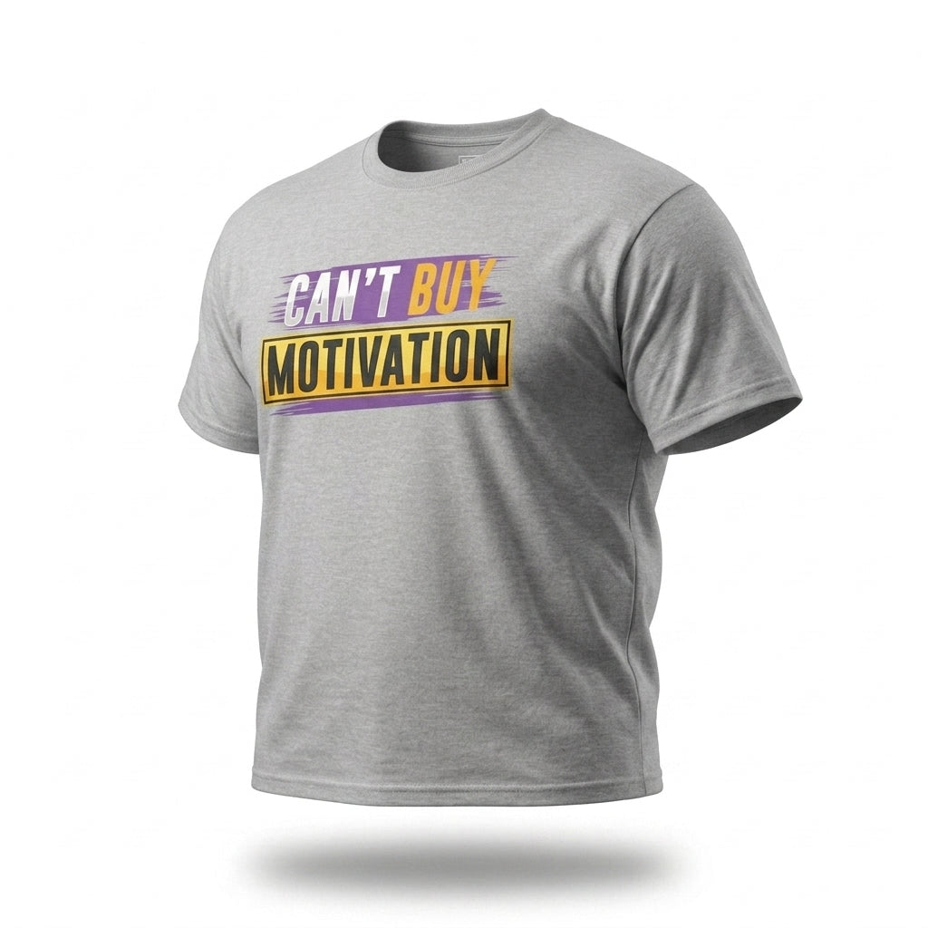 Can’t Buy Motivation T-Shirt in heather gray angled view, big and tall graphic tee