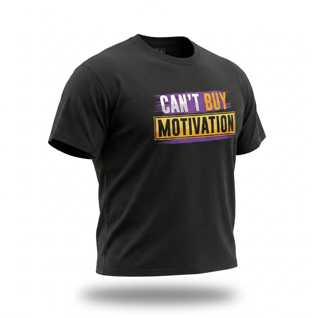 Can’t Buy Motivation T-Shirt in black angled view, hustle mindset graphic tee