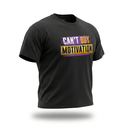 Can’t Buy Motivation T-Shirt in black angled view, hustle mindset graphic tee
