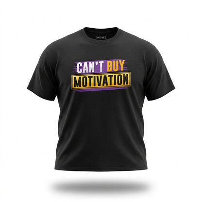 Can’t Buy Motivation T-Shirt in black front view with bold motivation graphic