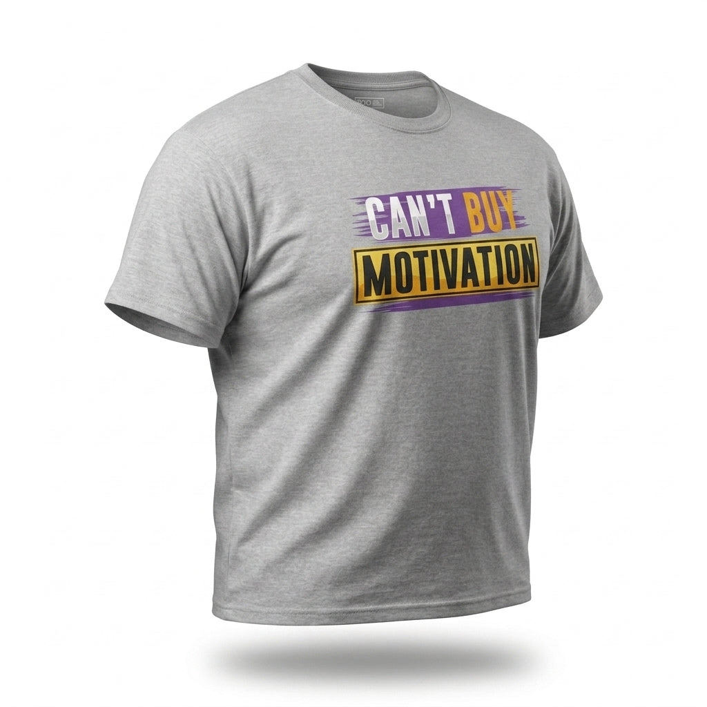Can’t Buy Motivation T-Shirt in heather gray side angle view, hustle mindset tee