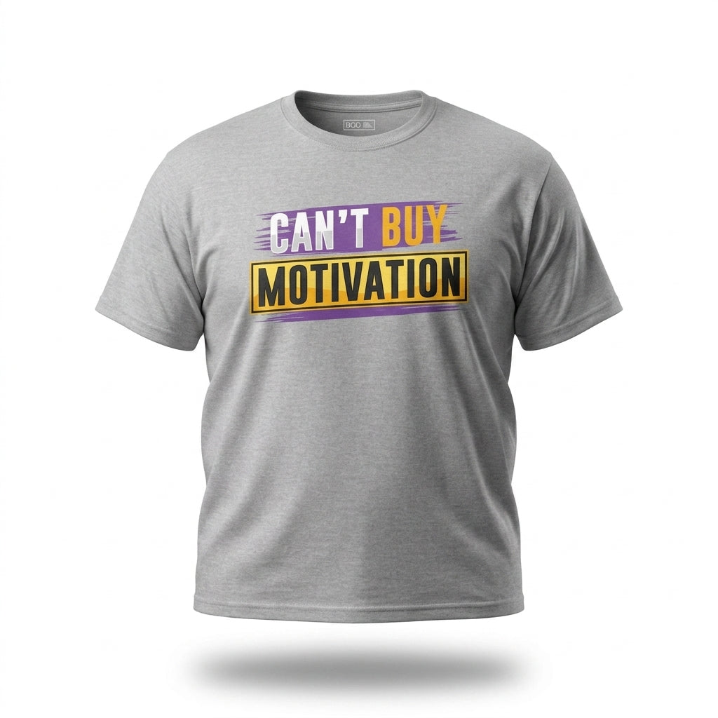 Can’t Buy Motivation T-Shirt in heather gray front view with hustle mindset graphic