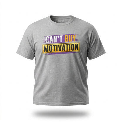Can’t Buy Motivation T-Shirt in heather gray front view with hustle mindset graphic