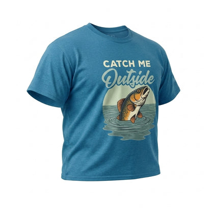 Catch Me Outside bass fishing shirt in blue antique sapphire angle view, funny fishing t-shirt for anglers