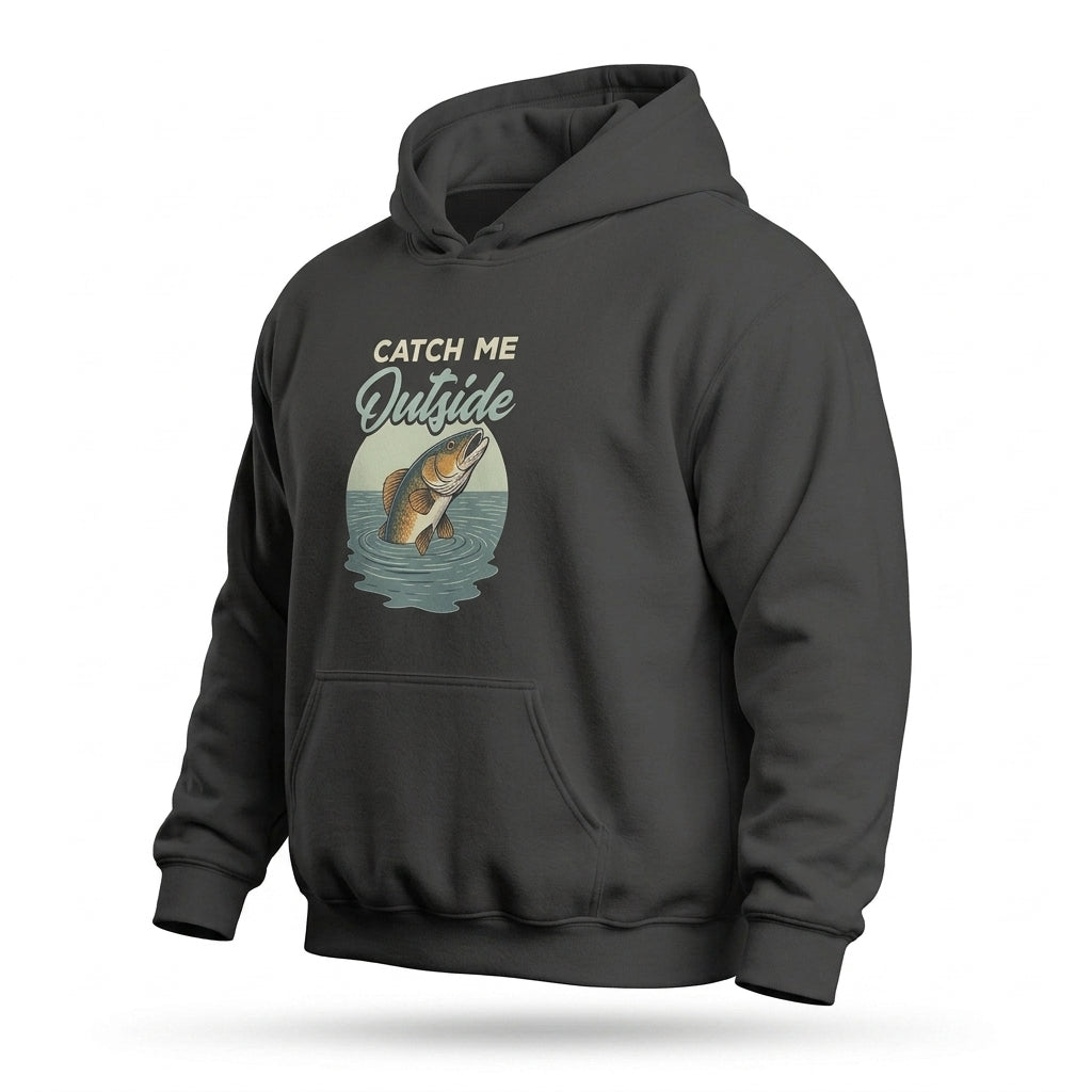 Catch Me Outside Funny Fishing Hoodie by Big Guy Drip in charcoal black with jumping fish graphic, angled front view