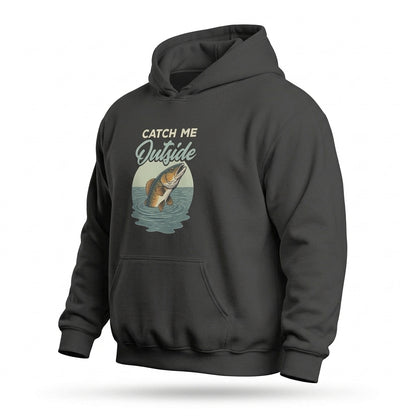 Catch Me Outside Funny Fishing Hoodie by Big Guy Drip in charcoal black with jumping fish graphic, angled front view