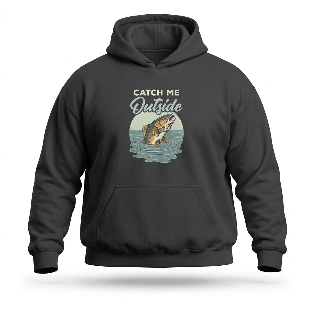 Big Guy Drip Catch Me Outside Funny Fishing Hoodie in charcoal black with vintage fish graphic, straight front view