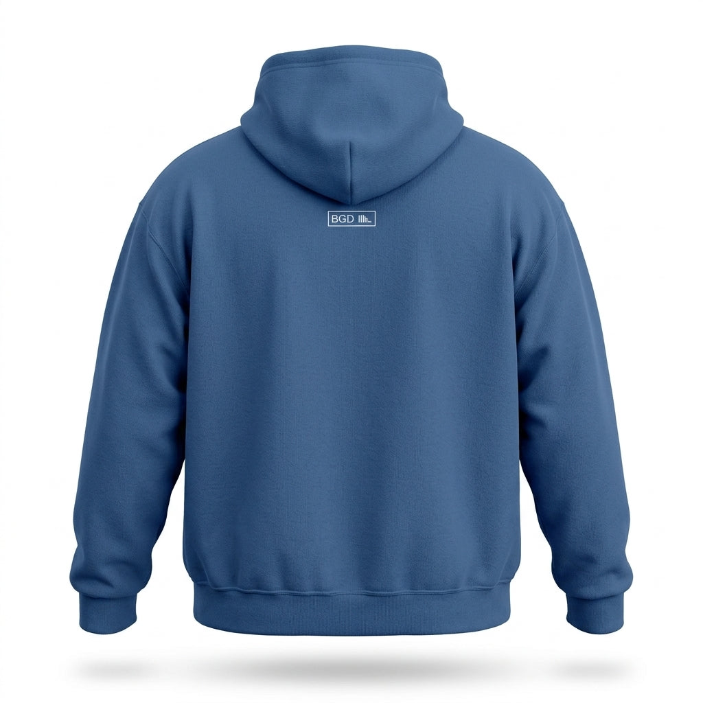 Back view of BGD Catch Me Outside Funny Fishing Hoodie in royal blue showing BGD logo tag