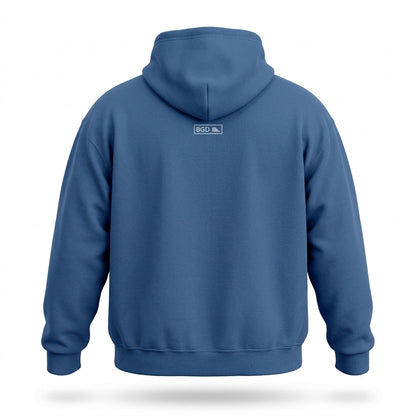 Back view of BGD Catch Me Outside Funny Fishing Hoodie in royal blue showing BGD logo tag