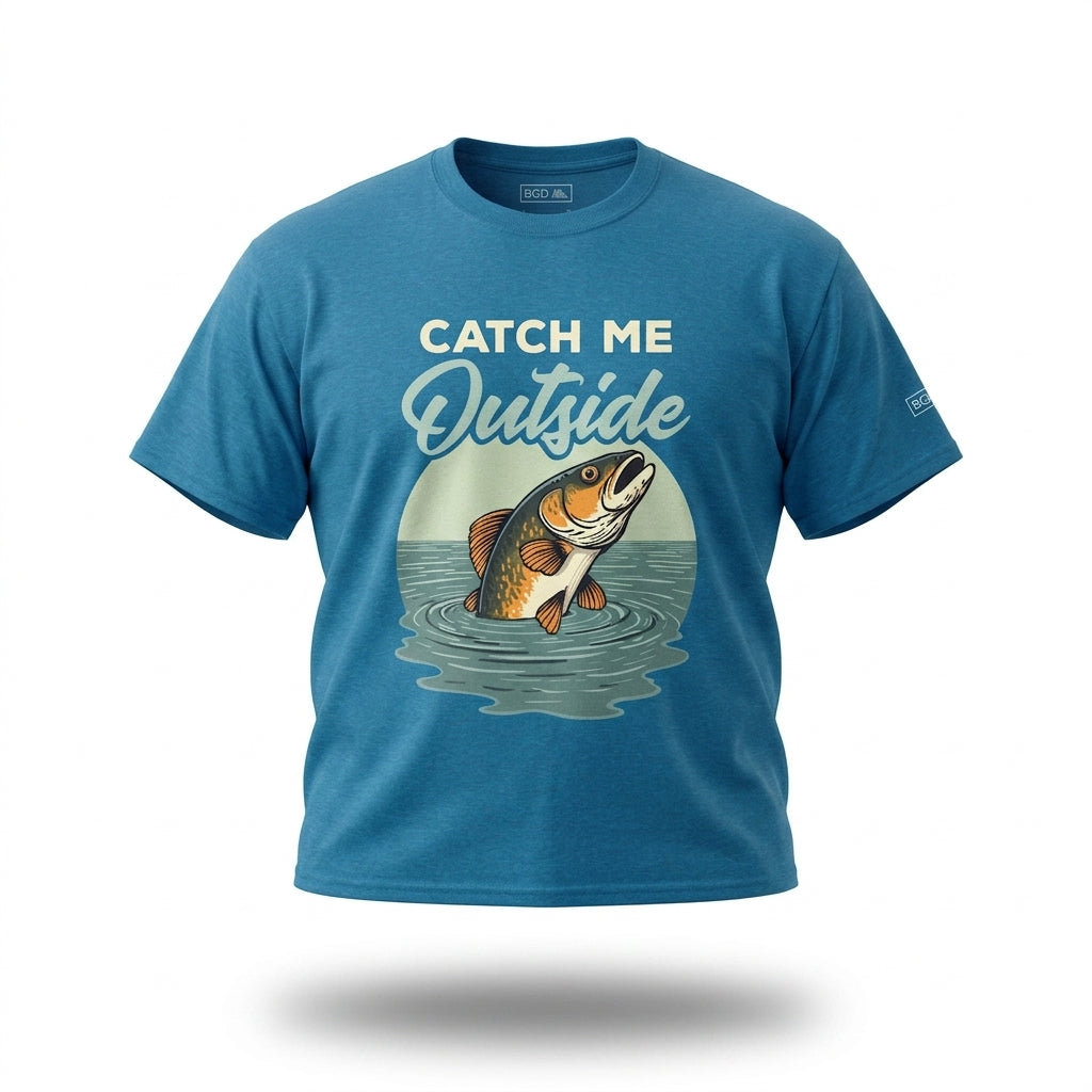 Catch Me Outside funny fishing t-shirt in blue antique sapphire front view, dad gift shirt for anglers