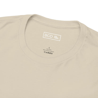 Neckline closeup of sand Don't Piss Me Off tee from Big Guy Drip