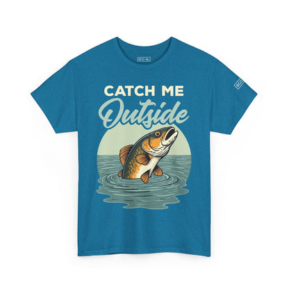 Front view of funny fishing tee in sapphire blue