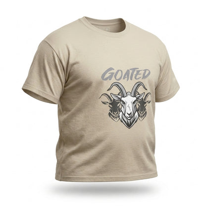Angled view of the beige Goated unisex graphic shirt.