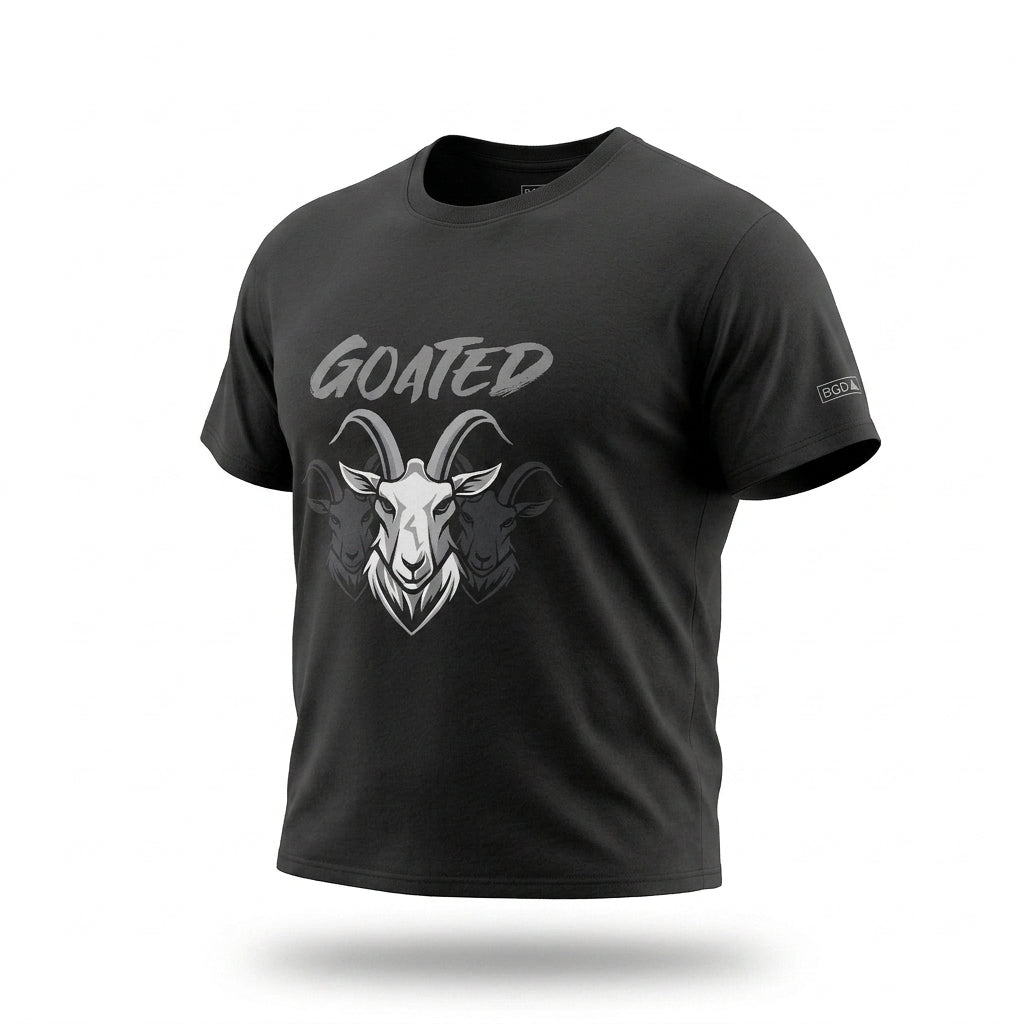 Angled view of the black Goated unisex graphic shirt.