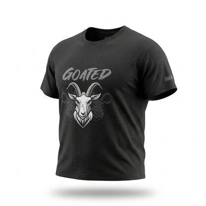 Angled view of the black Goated unisex graphic shirt.