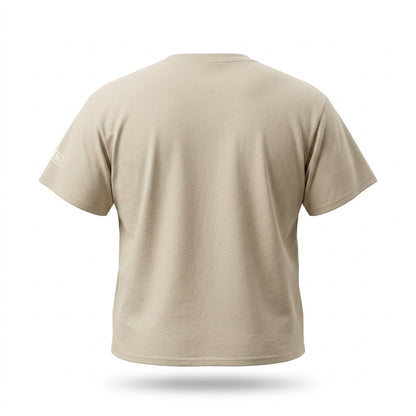 Back view of the beige Goated cotton T-shirt by BGD.