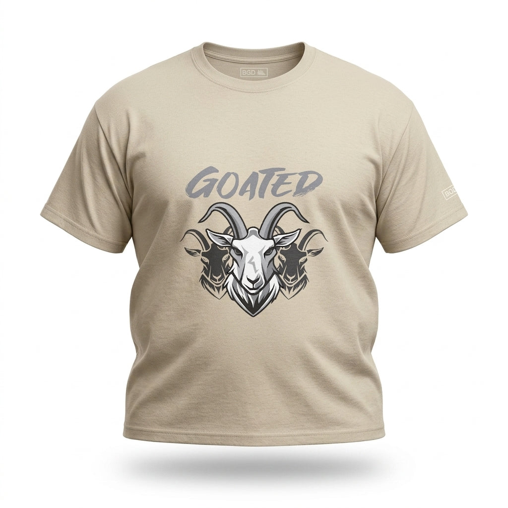 Beige Goated tee with a three-headed goat graphic, front view.