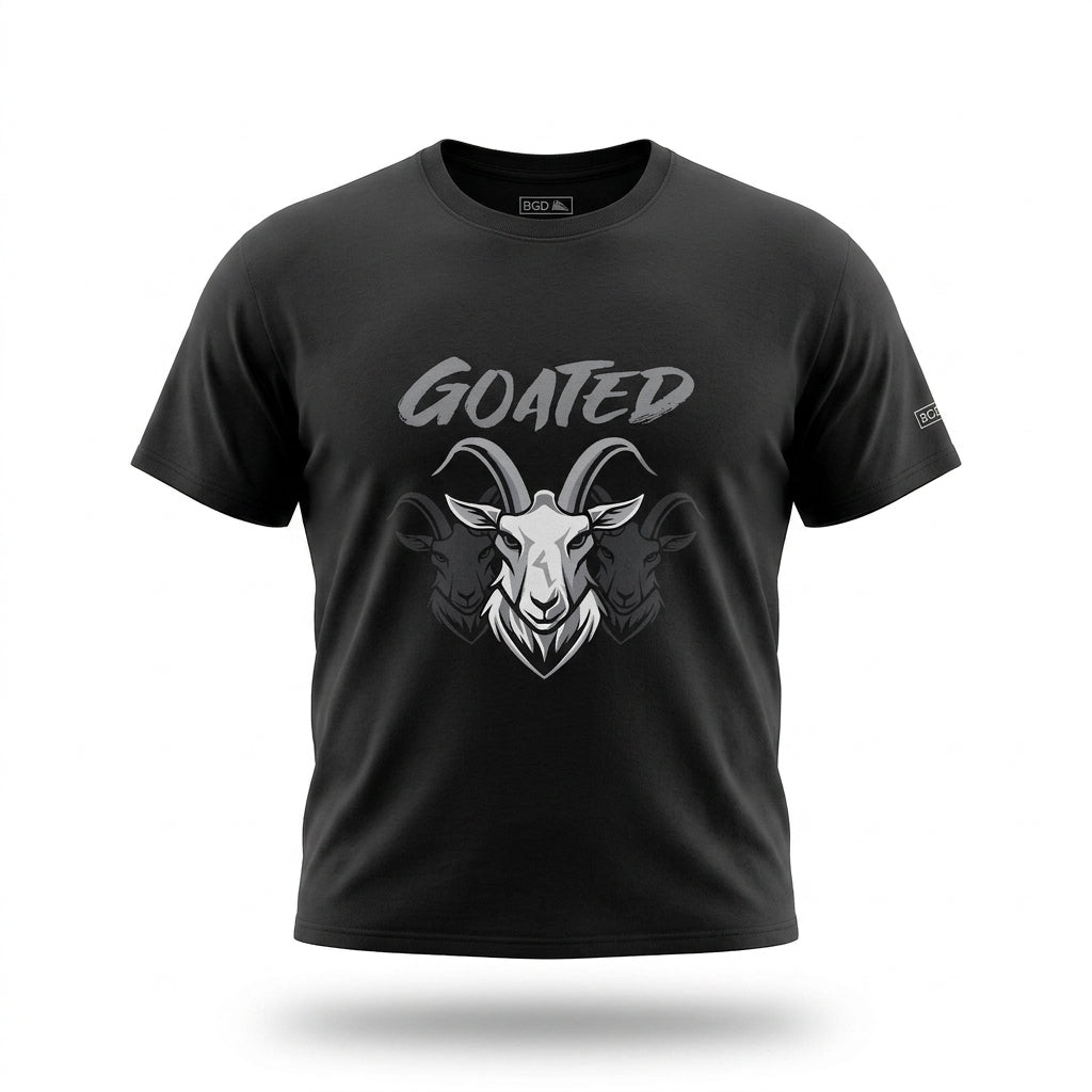 Black Goated tee with a three-headed goat graphic, front view.