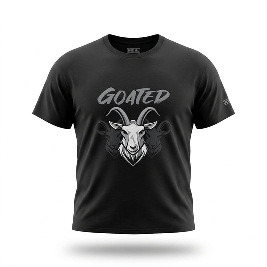 Black Goated tee with a three-headed goat graphic, front view.