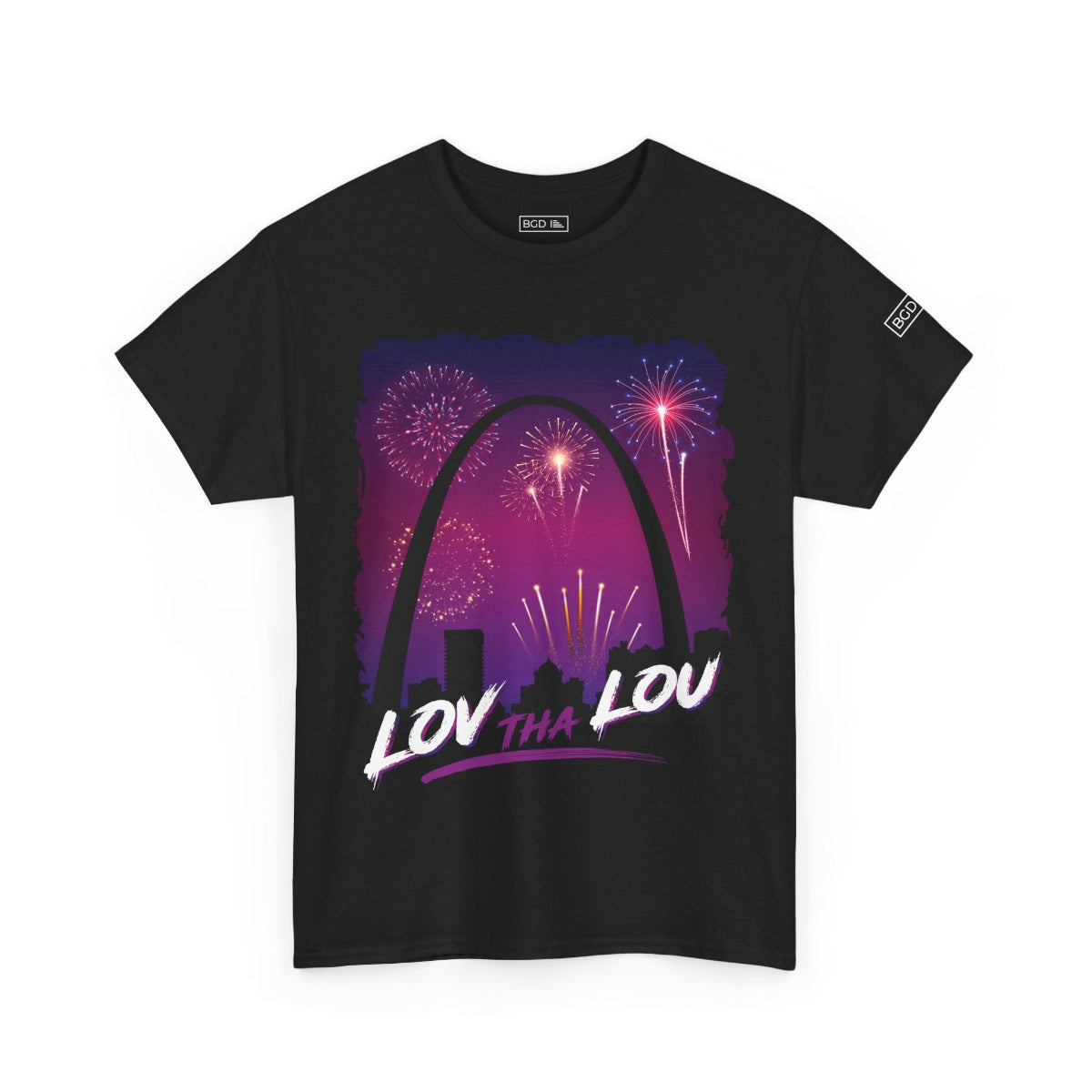 Black Arch Apparel graphic t-shirt — front view on BigDude shirt