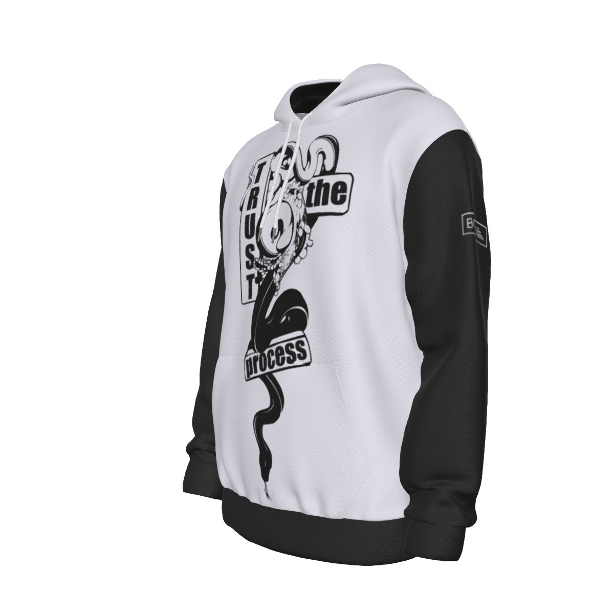 Alternate view of polyester hoodie in black and white Trust the Process design – BGD