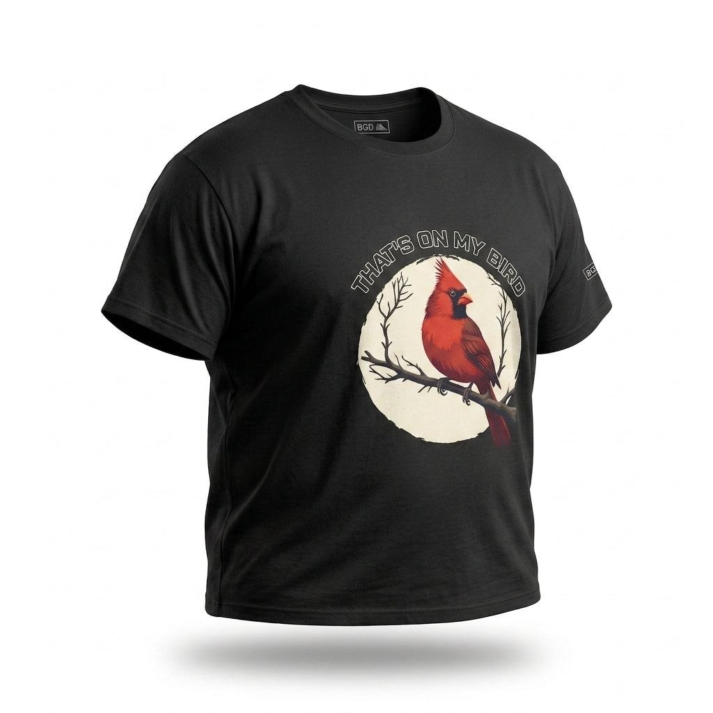 That’s on My Bird St. Louis baseball shirt in black angled view with Cardinals-inspired cardinal bird graphic