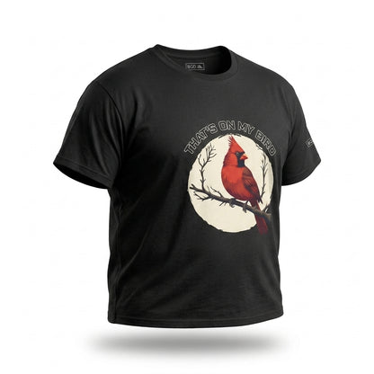 That’s on My Bird St. Louis baseball shirt in black angled view with Cardinals-inspired cardinal bird graphic