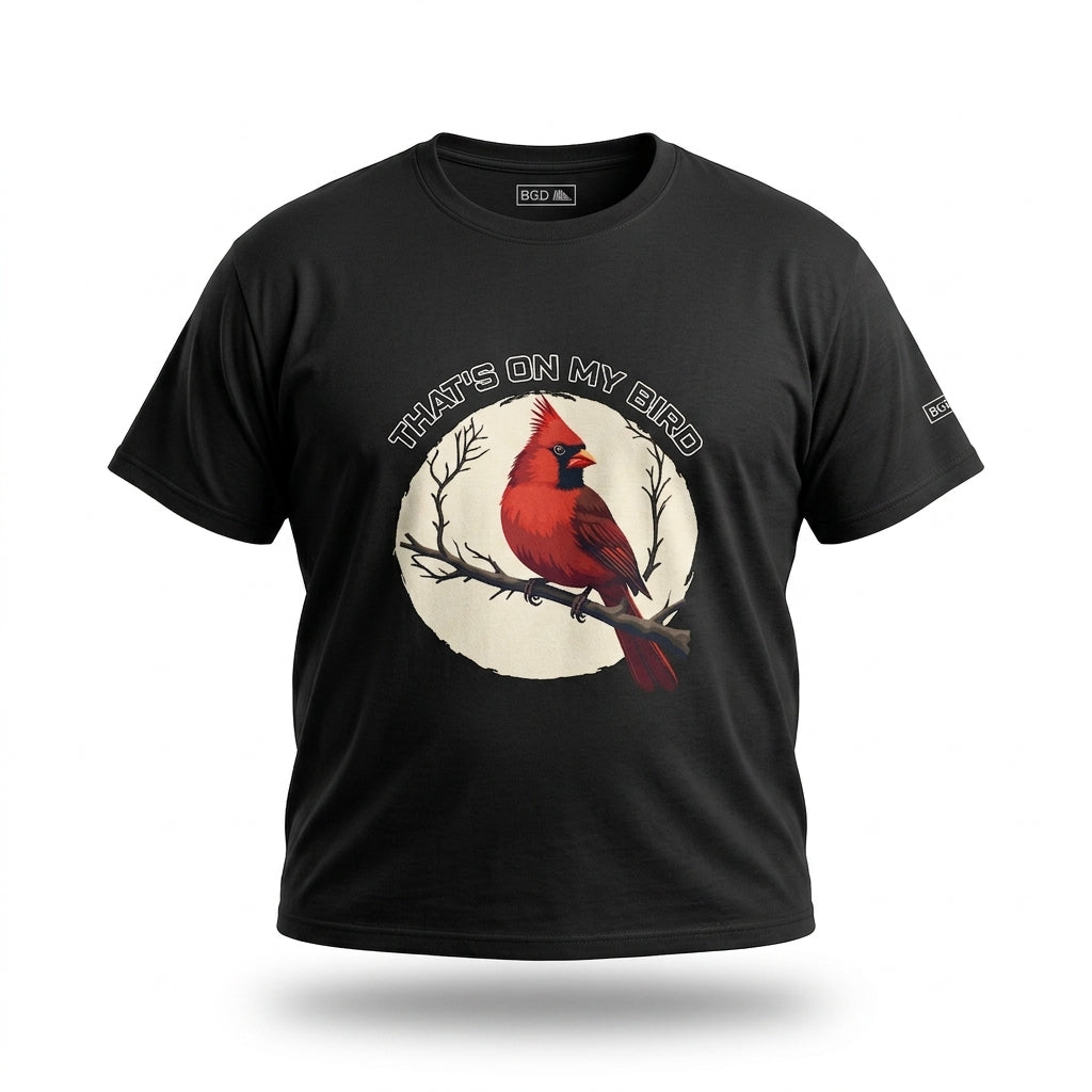 That’s on My Bird St. Louis Cardinals shirt in black front view, The Lou baseball tee with cardinal bird design