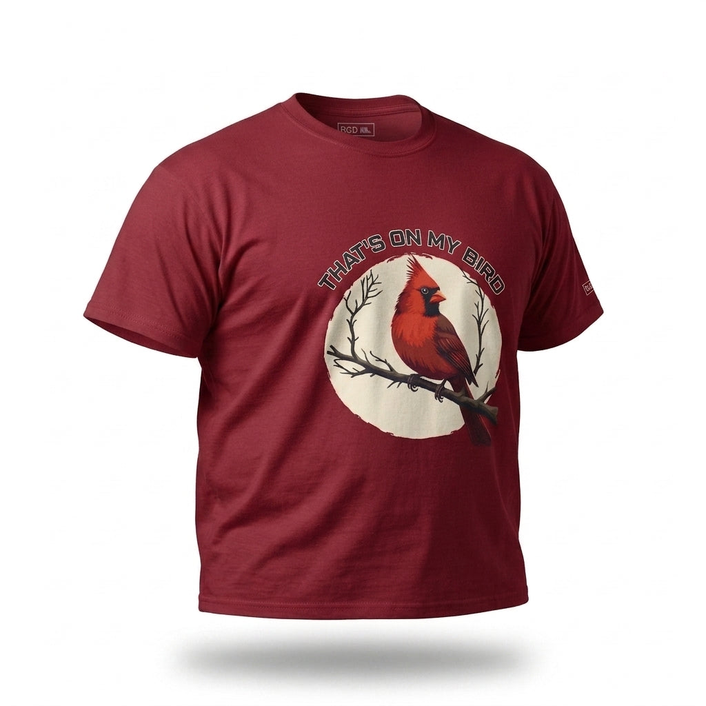 That’s on My Bird St. Louis Cardinals shirt in cardinal red angled view, game day tee with cardinal bird graphic